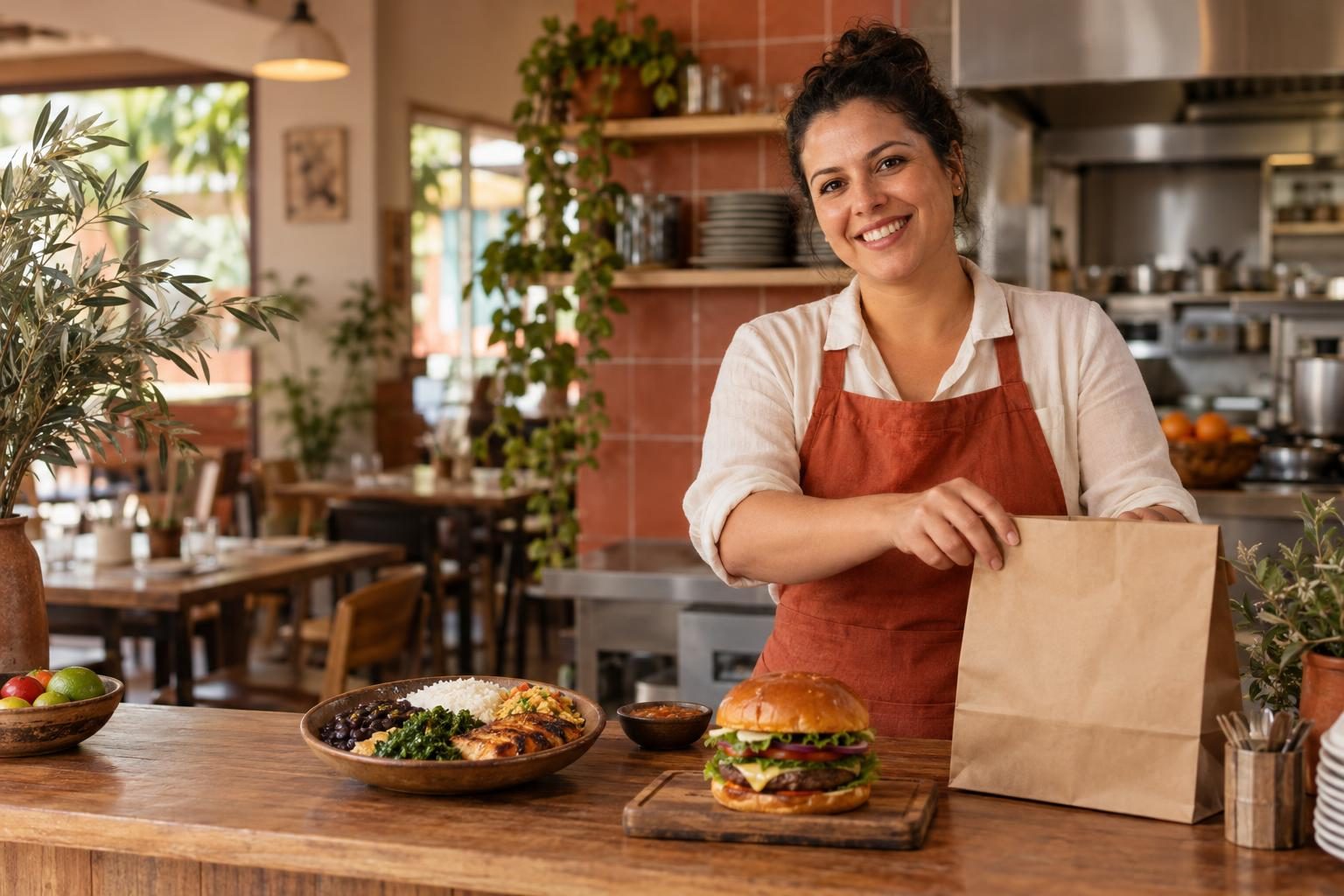 Cena ilustrativa de uma empreendedora preparando um pedido em seu restaurante